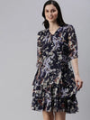 Women Navy Blue Printed Fit and Flare Dress-DW-1244-Navyblue