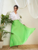 Women Green Satin Accordion Pleated Maxi Skirt