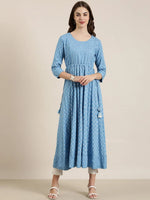 Women Blue Printed Anarkali Kurta-AT-A860-Blue