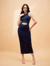 Women Navy Blue Front Cut Out Rib Midi Dress