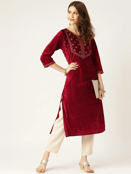 Maroon Zari Embroidery V-Slit Straight Velvet Kurta