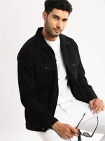 Men Black Spread Collar Solid Denim Jacket-IB-DJ-02-Black