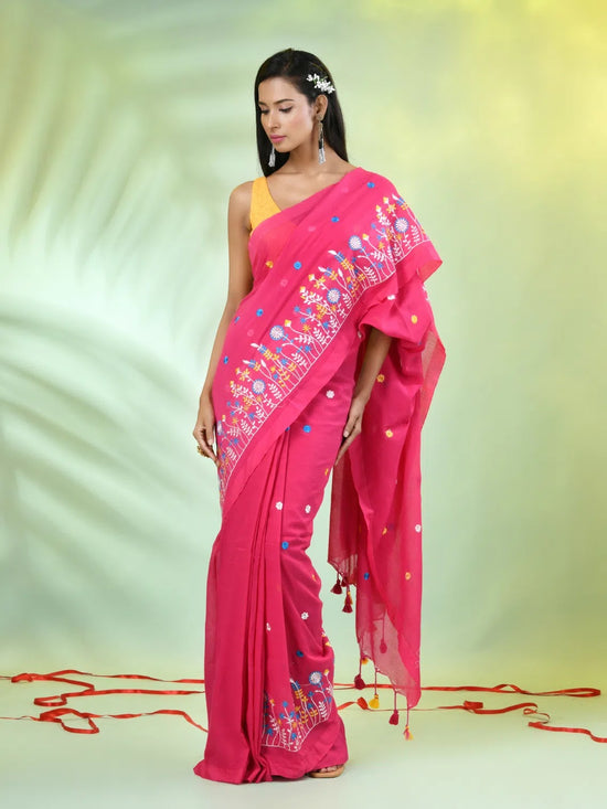 All Over Thread Floral Embroidery Pink Cotton Saree-MA62CT33610079