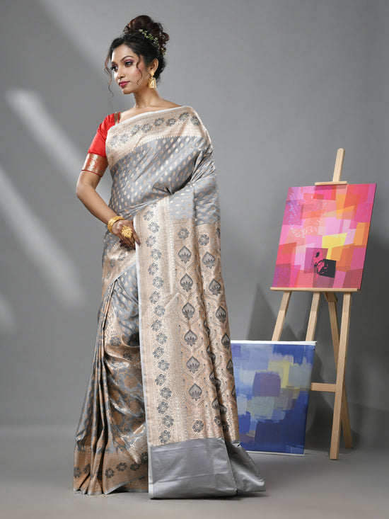 Ice Grey Katan Silk Banarasi Saree With Ethnic Motifs And Zari Woven Designs-MA52KA441380085