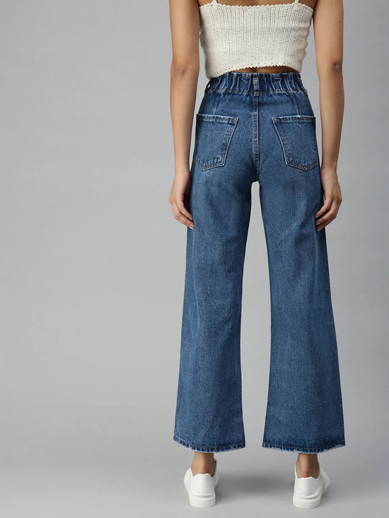 Women's Blue Solid Denim Wide Leg Jeans-GZ5042A-Blue