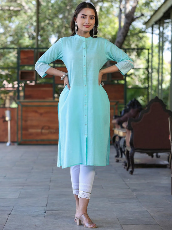 Juniper Womens Seagreen cotton slub embroidered straight kurta