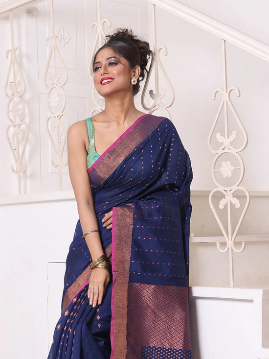 All Over Zari Weaving Navy Blue Cotton Saree With Zari Borders-MA64BCT401380029