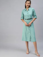 Women's Green Solid Shirt Dress-AE-444955-Green