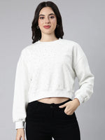 Women Self Design White Crop Sweatshirt-7004-White