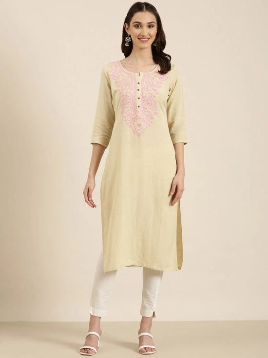 Women Beige Solid Straight Kurta-NJ-3542342-Beige