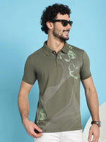 Venitian Men All Over Printed Olive Cotton Polo Neck T-Shirt