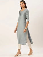 Women's Steel Embellished Straight Kurta-SKC-3228-Steel