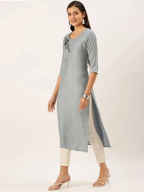 Women's Steel Embellished Straight Kurta-SKC-3228-Steel