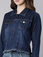 Women Navy Blue Solid Denim Jacket-AE-0115-Navyblue