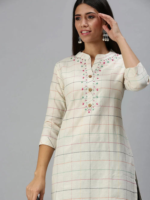 Women's Beige Checked Straight Kurta-SS371-Cream