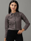 Women's Grey Solid Denim Jacket-AE-9512-1-Grey