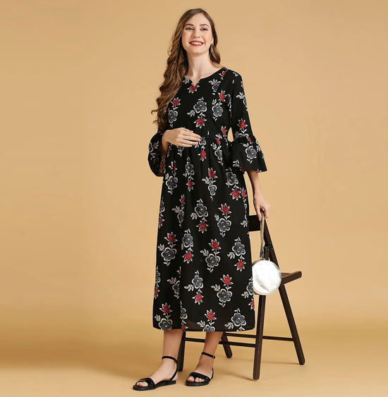 MomToBe Floral Print Cotton Maternity Fit Flare Midi Dress