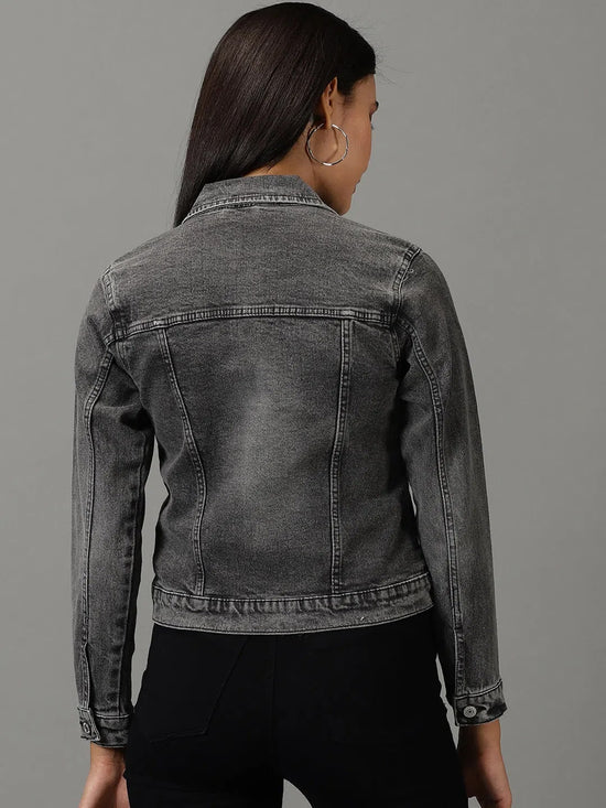 Women's Grey Solid Denim Jacket-AE-5499-Grey