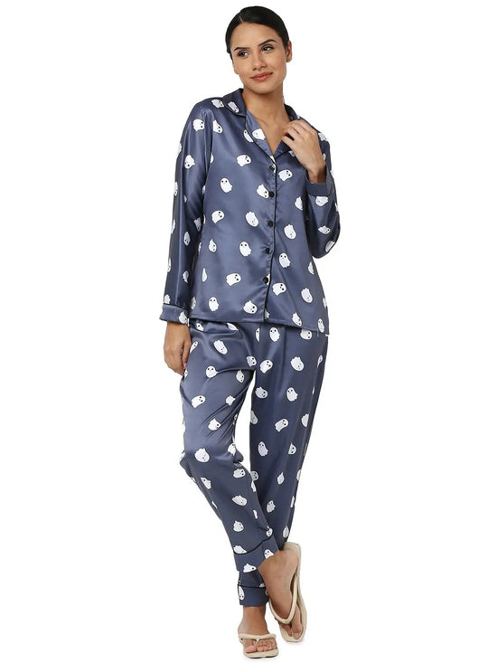 Smarty Pants Women's Silk Satin Dark Blue Color Ghost Print Full Sleeves Night Suit