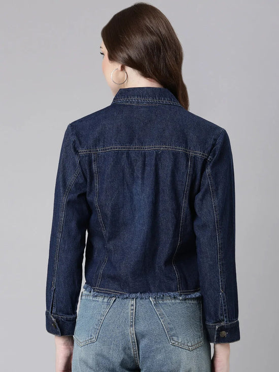 Women Navy Blue Solid Denim Jacket-AE-0115-Navyblue