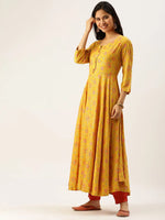 Women's Yellow Printed Anarkali Kurtas-AT-A408-LG-Yellow