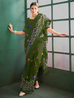 Saree Mall Women's Cotton Olive Printed Designer Saree With Blouse Piece-MINAXI4601