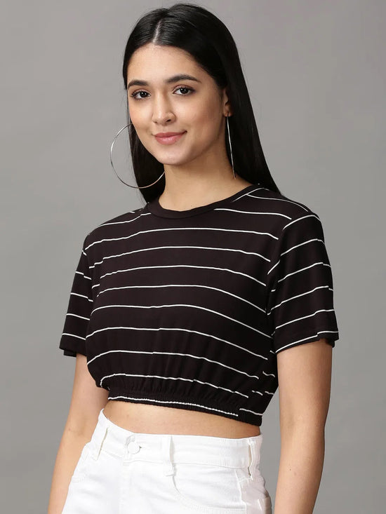 Women's Black Striped Cinched Waist Crop Top-AE-10503-Black