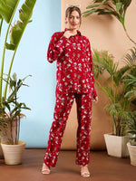 Women Red Floral Oversize Shirt With Straight Pants