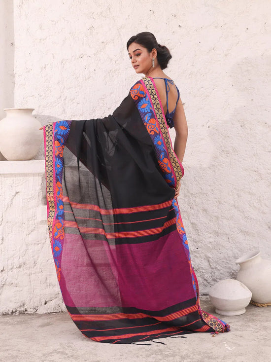 Black Pure Cotton Soft Saree With Nakshi Border-MA54CT33440062