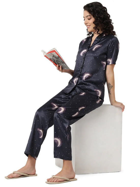 Smarty Pants Women's Silk Satin Teal Blue Color Moon Printed Night Suit