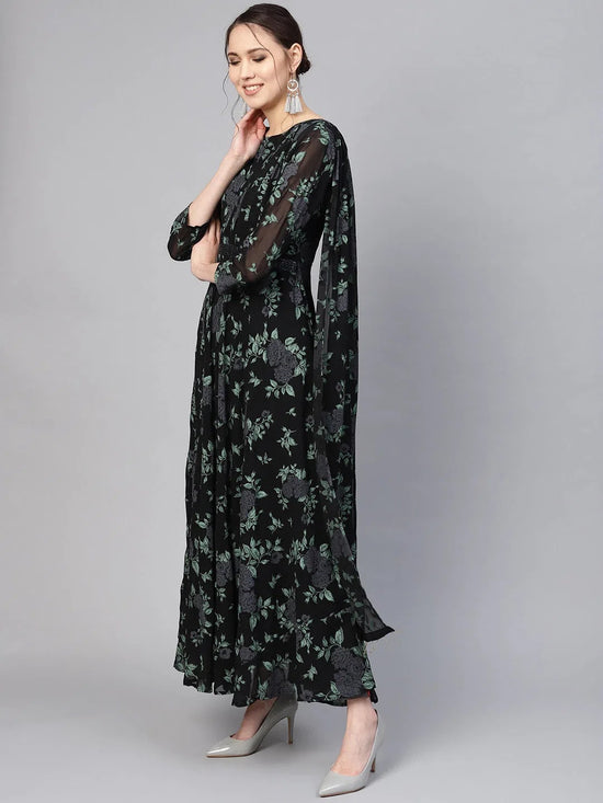 Ahalyaa Women'S Black Georgette Floral Printed Gown