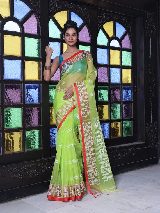 Light Green Muslin Saree With Jamdani Designs-MA64MS401190021