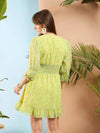 Women Lime Yellow Ditsy Floral Frill Hem Short Dress