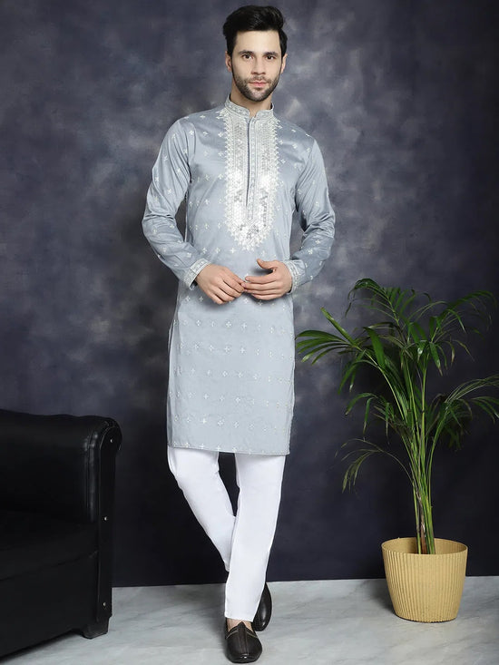 Men's Sequins Embroidered Kurta Pyjama Set.-JOKP-P-5038Grey