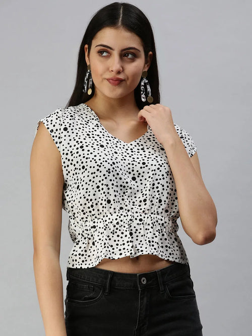 Women's White Polka Dots Top-AE-10214-Whiteblack