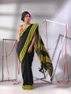 Black Cotton Saree With Stripe Solid Border-MA55CT06520077