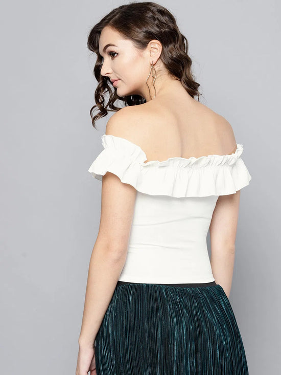 White Frilled Bardot Crop Top