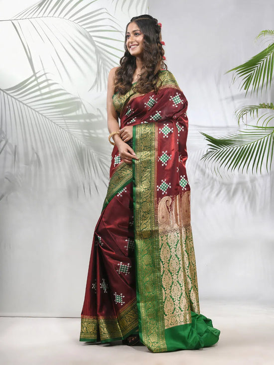 Maroon Embroidered Motifs Silk Saree With Zari Borders-MA56BSL44940020