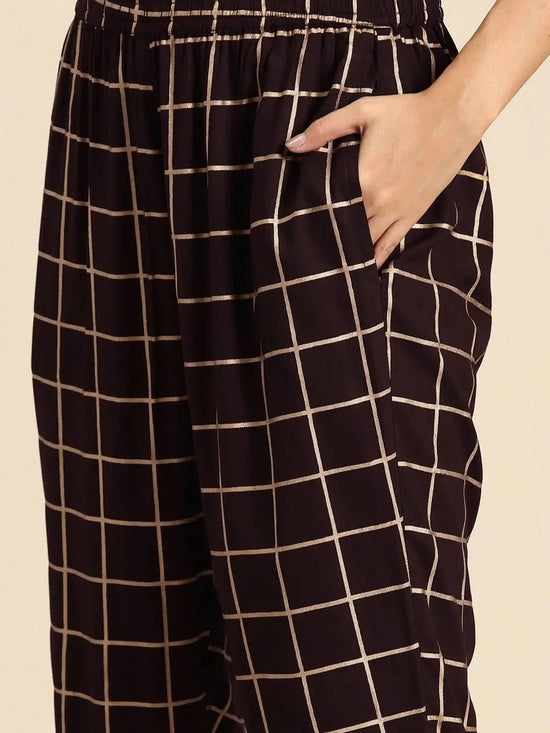 Kurta Pyajama with gota work in Brown Checks Print