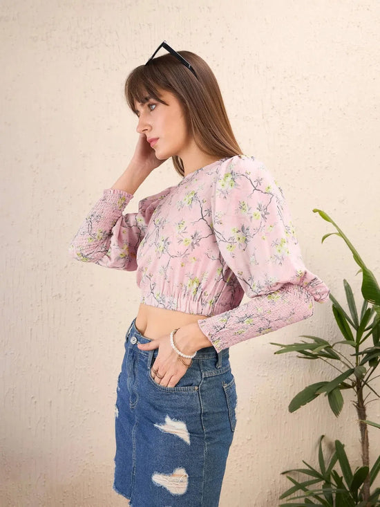 Women Lilac Floral Smocking Sleeve Crop Top