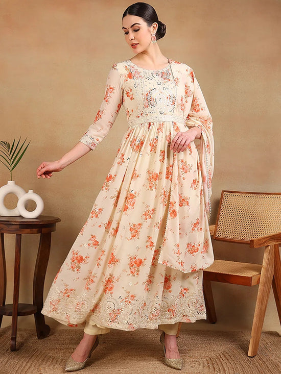 Ahika Women Off White Georgette Printed Anarkali Kurta Pant Set With Dupatta