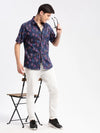 Men Spread Collar Floral Navy Blue Casual Shirt-REVERIE-2112-Navyblue