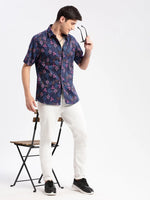 Men Spread Collar Floral Navy Blue Casual Shirt-REVERIE-2112-Navyblue