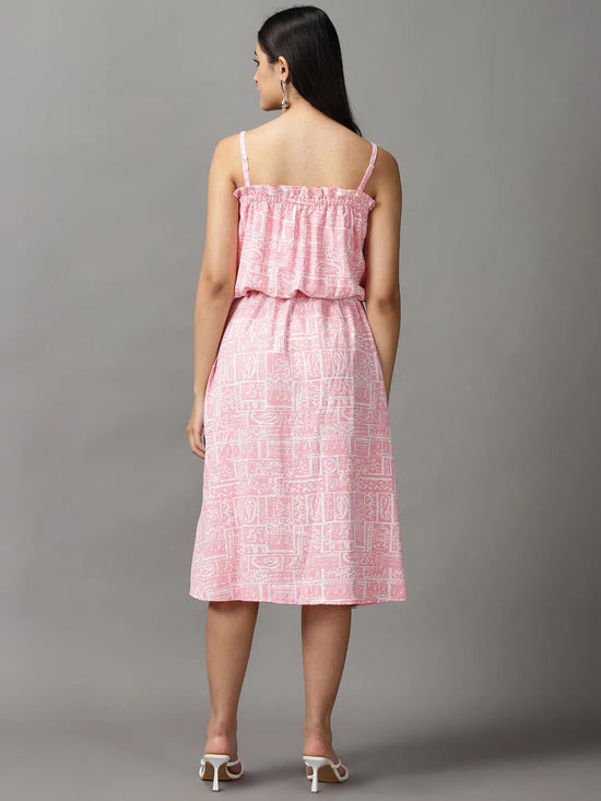 Women's Pink Printed Fit and Flare Dress-AE-15740A-Pink