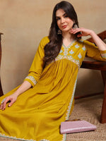 Ahika Women Yellow Silk Blend Embroidered A-Line Kurta Pant Set