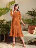 Women Rust Dobby Tiered Midi Dress