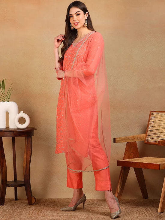 Ahika Women Coral Silk Blend Embroidered Straight Kurta Pant Set With Dupatta