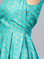 Deep back box pleated Midi Printed Dress in Mint Blue