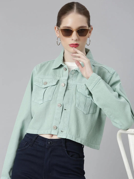 Women Sea Green Solid Denim Jacket-GZ-5600-Seagreen