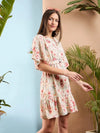 Women Cream Floral Belted Short Dress